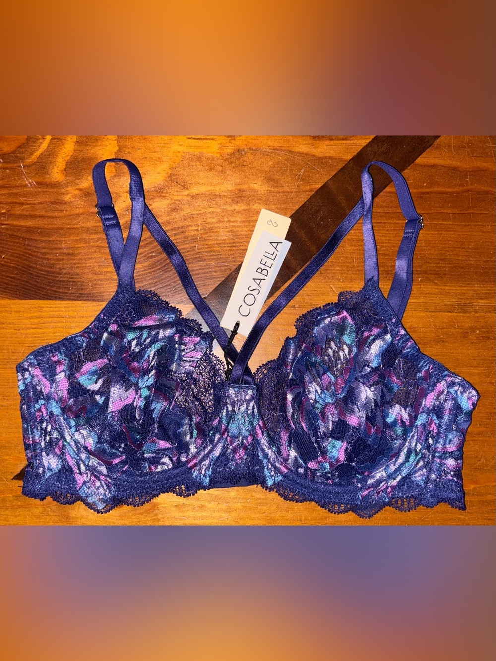 Cosabella Paradiso Strappy Underwire Demi Cup Bra in Navy/Rani Pink Size 34C NWT